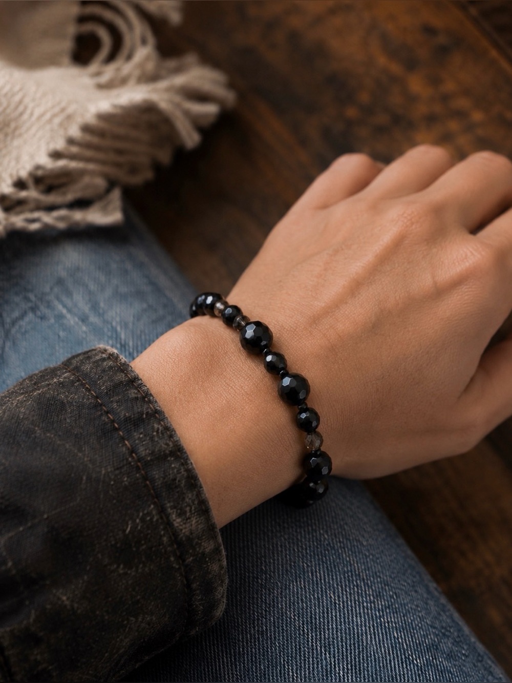 Vintage Faceted Ambiguous Black Glass Bead Bracelet 7.5” Artisan Clasp